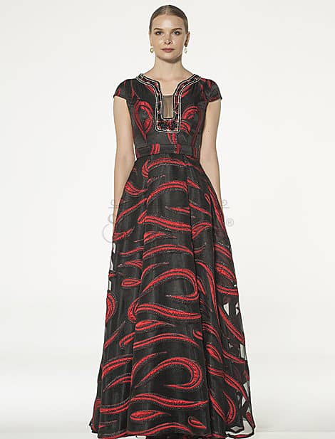 Short Sleeve Red Jacquard Evening Dress