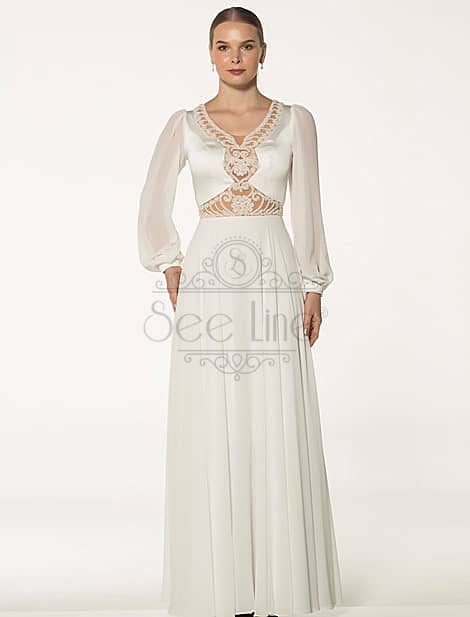 Long White Evening Dress With Chiffon Sleeves