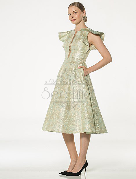 French Length Jacquard Green Dress with Butterfly Sleeves