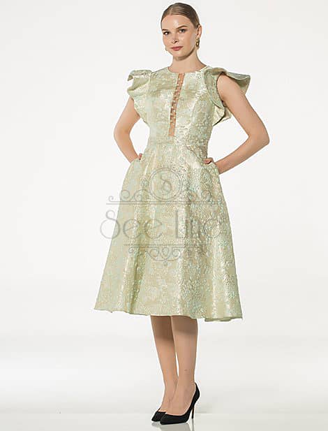 French Length Jacquard Green Dress with Butterfly Sleeves