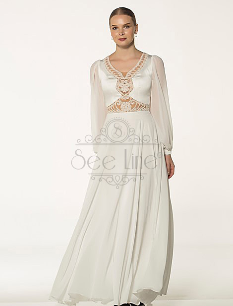 Long White Evening Dress With Chiffon Sleeves