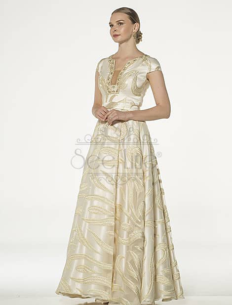 Short Sleeve Gold Jacquard Evening Dress