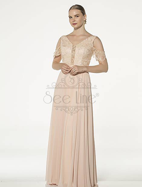 Long Salmon Evening Dress With Lace Sleeves