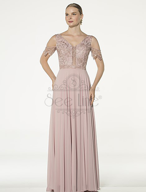 Long Powder Evening Dress With Lace Sleeves
