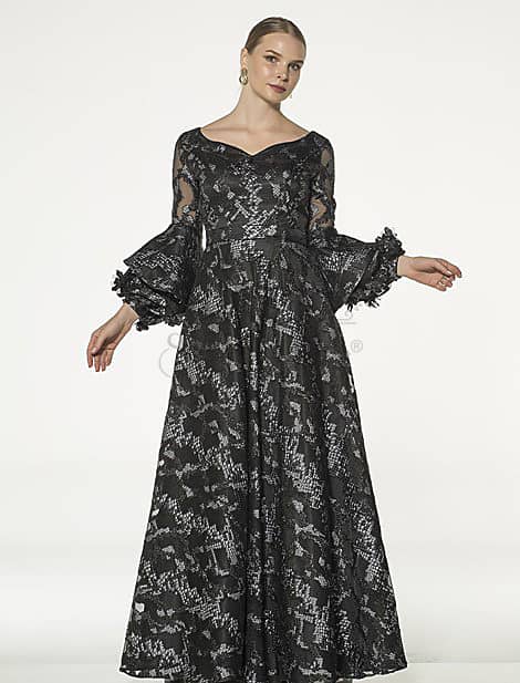 Spanish Sleeve Black Jacquard Evening Dress