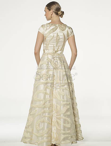 Short Sleeve Gold Jacquard Evening Dress