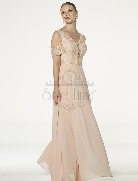Long Salmon Evening Dress With Lace Sleeves