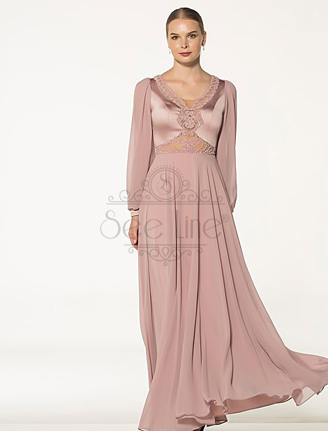 Вечернее платье с длинными рукавами из  шифона с сушеными розами цвета