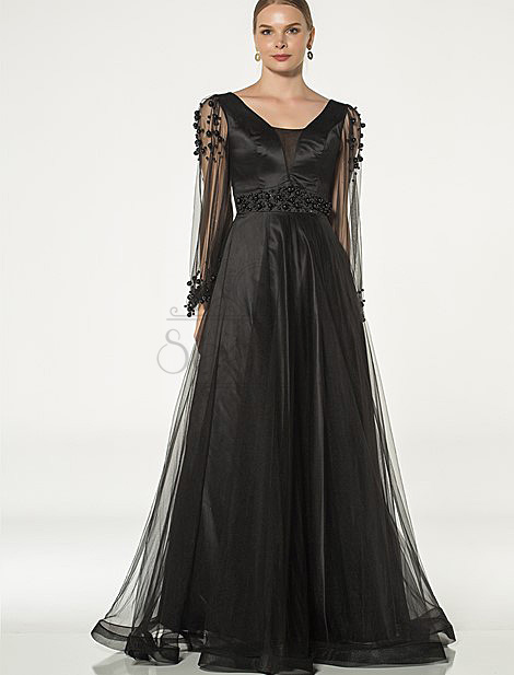 Pearl Stone Black Evening Dress