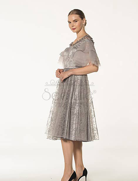 Off the Shoulder decollete Embroidered Gray Dress