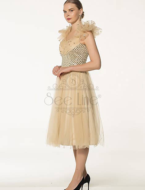 Shoulder Tape French Length Beige Dress