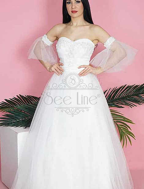 Top Decollete Sleeves Volan White Evening Dress