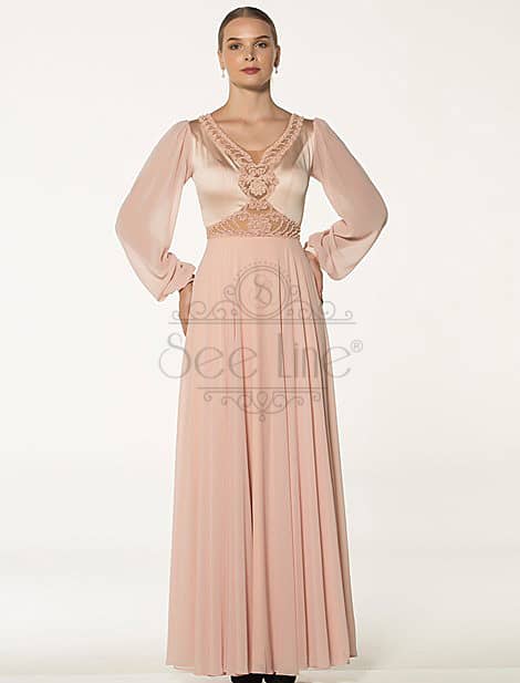 Long Powder Evening Dress With Chiffon Sleeves