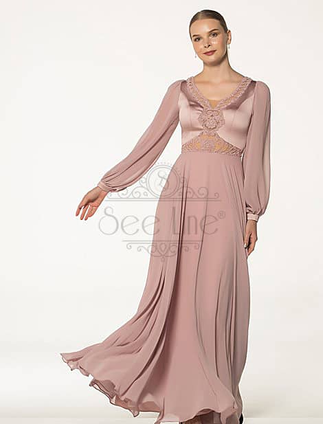 Chiffon Sleeve Long Dried Rose Evening Dress