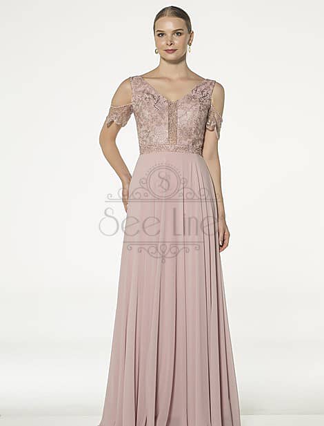 Long Powder Evening Dress With Lace Sleeves