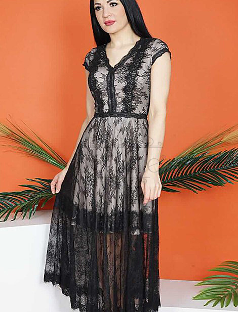 Lace Embroidered French Length Black Dress