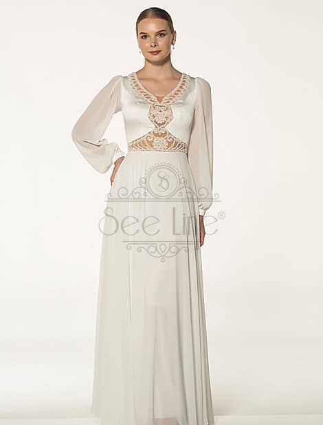 Long White Evening Dress With Chiffon Sleeves