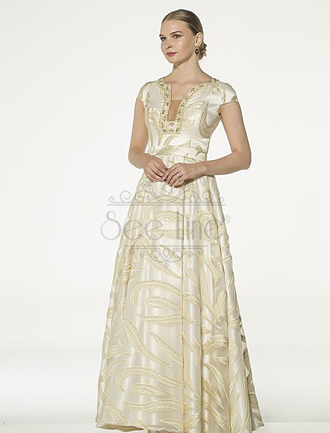 Short Sleeve Gold Jacquard Evening Dress