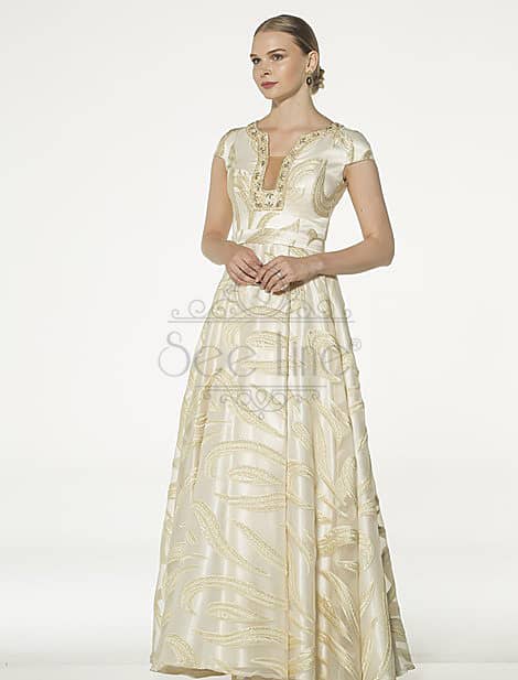 Short Sleeve Gold Jacquard Evening Dress