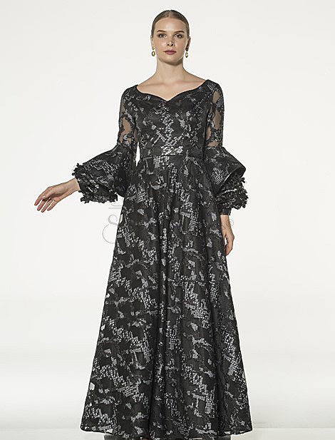 Spanish Sleeve Black Jacquard Evening Dress
