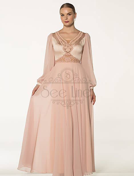 Long Powder Evening Dress With Chiffon Sleeves