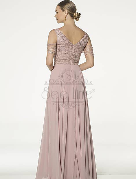 Long Powder Evening Dress With Lace Sleeves