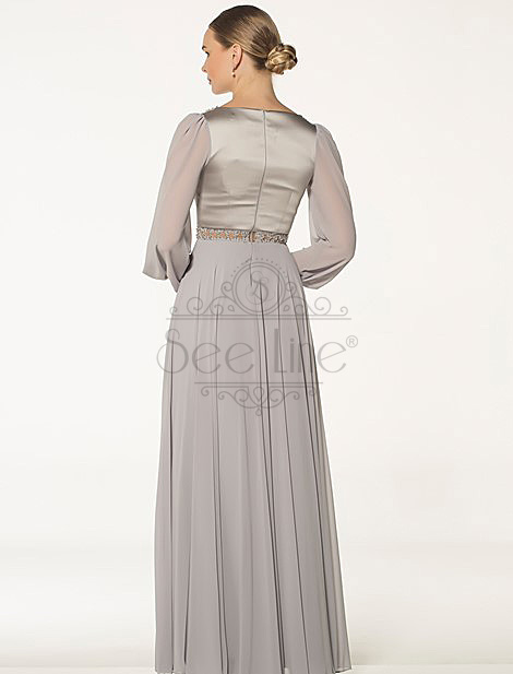 Long Gray Evening Dress With Chiffon Sleeves