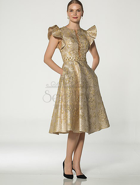 Butterfly Sleeve French Length Jacquard Beige Dress