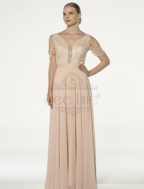 Long Salmon Evening Dress With Lace Sleeves