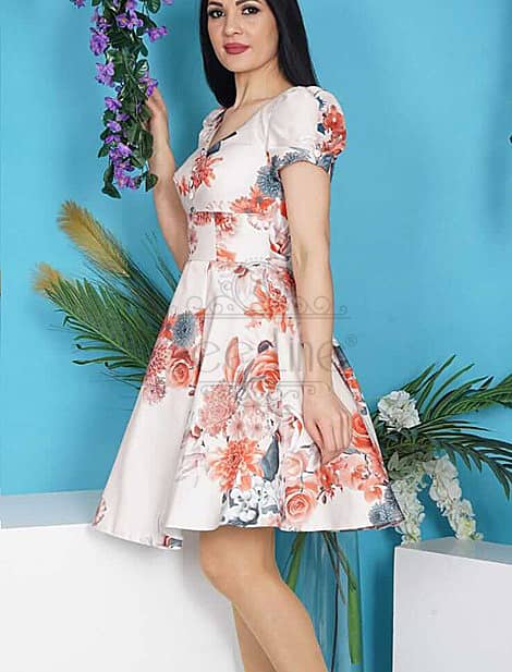 Digital Print Short Beige Dress With Corsage