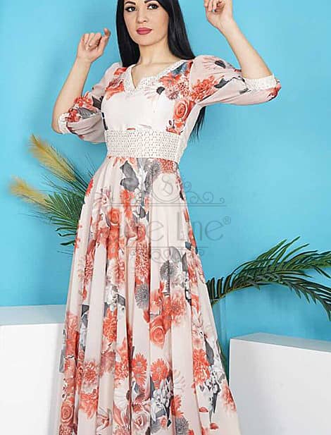 A Neck Digital Printed Long Chiffon Beige Dress