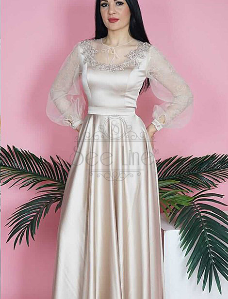 Lace Satin White Dress with Sleeves