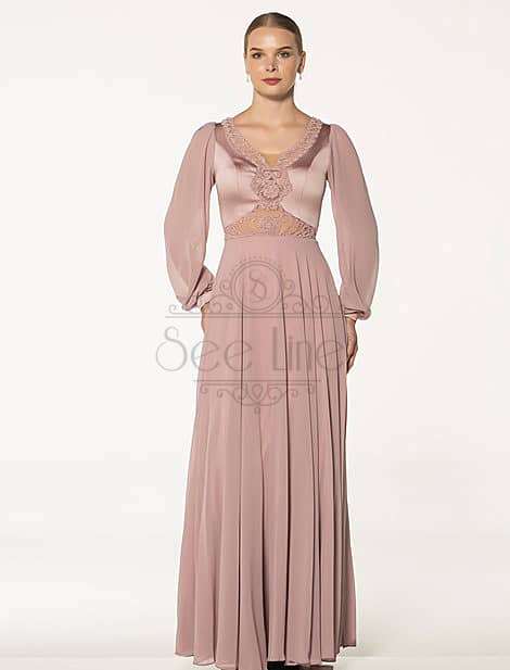 Chiffon Sleeve Long Dried Rose Evening Dress