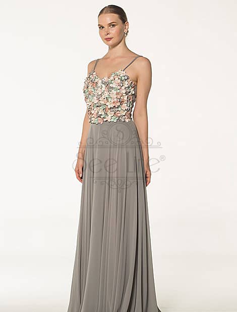 Flower Detailed Rope Strap Gray Dress