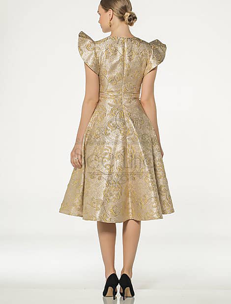 Butterfly Sleeve French Length Jacquard Beige Dress