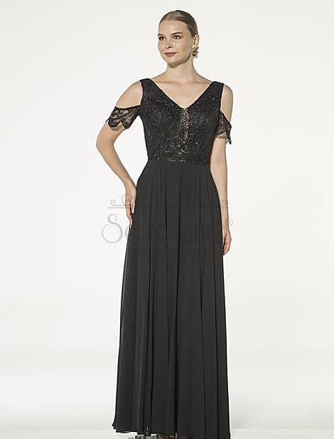 Long Black Evening Dress With Lace Sleeves