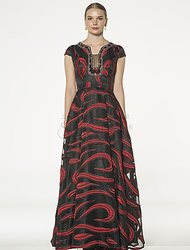 Short Sleeve Red Jacquard Evening Dress