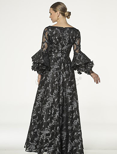 Spanish Sleeve Black Jacquard Evening Dress