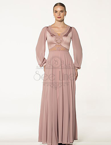 Вечернее платье с длинными рукавами из  шифона с сушеными розами цвета