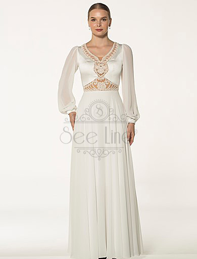 long white evening dress with chiffon sleeves, long white evening dress with chiffon sleeves