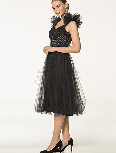 Shoulder Tape French Length Black Dress