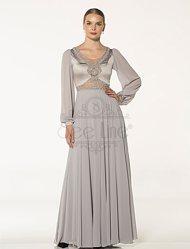 Long Gray Evening Dress With Chiffon Sleeves