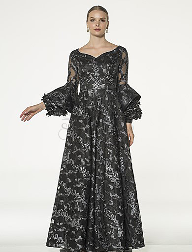 черное жаккардовое вечернее платье  с испанскими рукавами, черное жаккардовое вечернее платье  с испанскими рукавами