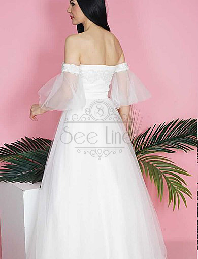 Top Decollete Sleeves Volan White Evening Dress