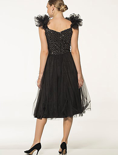 shoulder tape french length black dress, shoulder tape french length black dress
