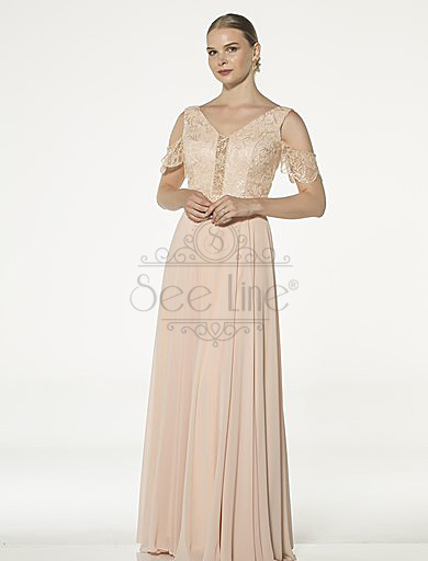 Long Salmon Evening Dress With Lace Sleeves