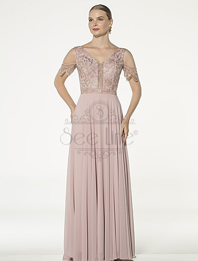 long powder evening dress with lace sleeves, long powder evening dress with lace sleeves