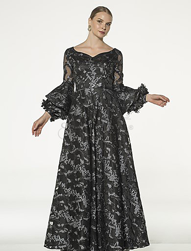 Spanish Sleeve Black Jacquard Evening Dress