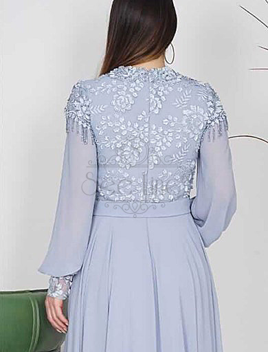 long blue evening dress with eaves embroidered sleeves, long blue evening dress with eaves embroidered sleeves