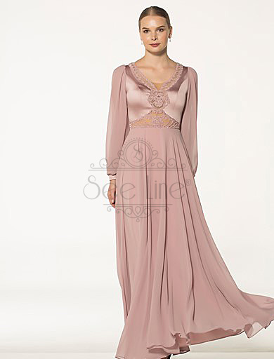 Chiffon Sleeve Long Dried Rose Evening Dress